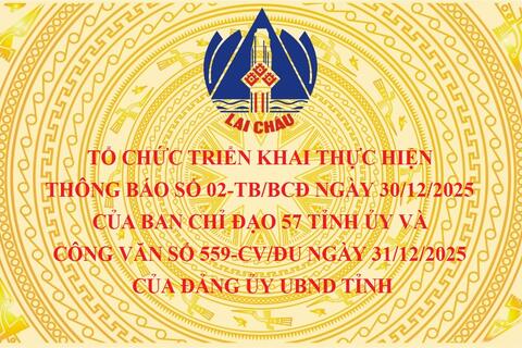 Tổ chức triển khai thực hiện Thông báo số 02-TB/BCĐ ngày 30/12/2025 của Ban Chỉ đạo 57 Tỉnh ủy và Công văn số 559-CV/ĐU ngày 31/12/2025 của Đảng ủy UBND tỉnh
